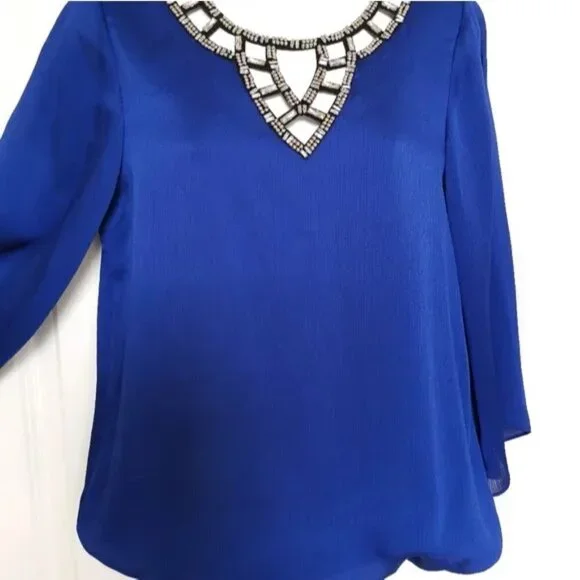 Vintage 80's Royal Blue and Crystals and beaded party blouse  top size S - Picture 5 of 6